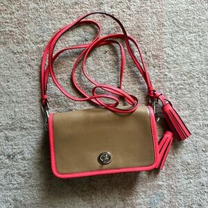 Coach Archive Tan and Hot Pink Crossbody Bag